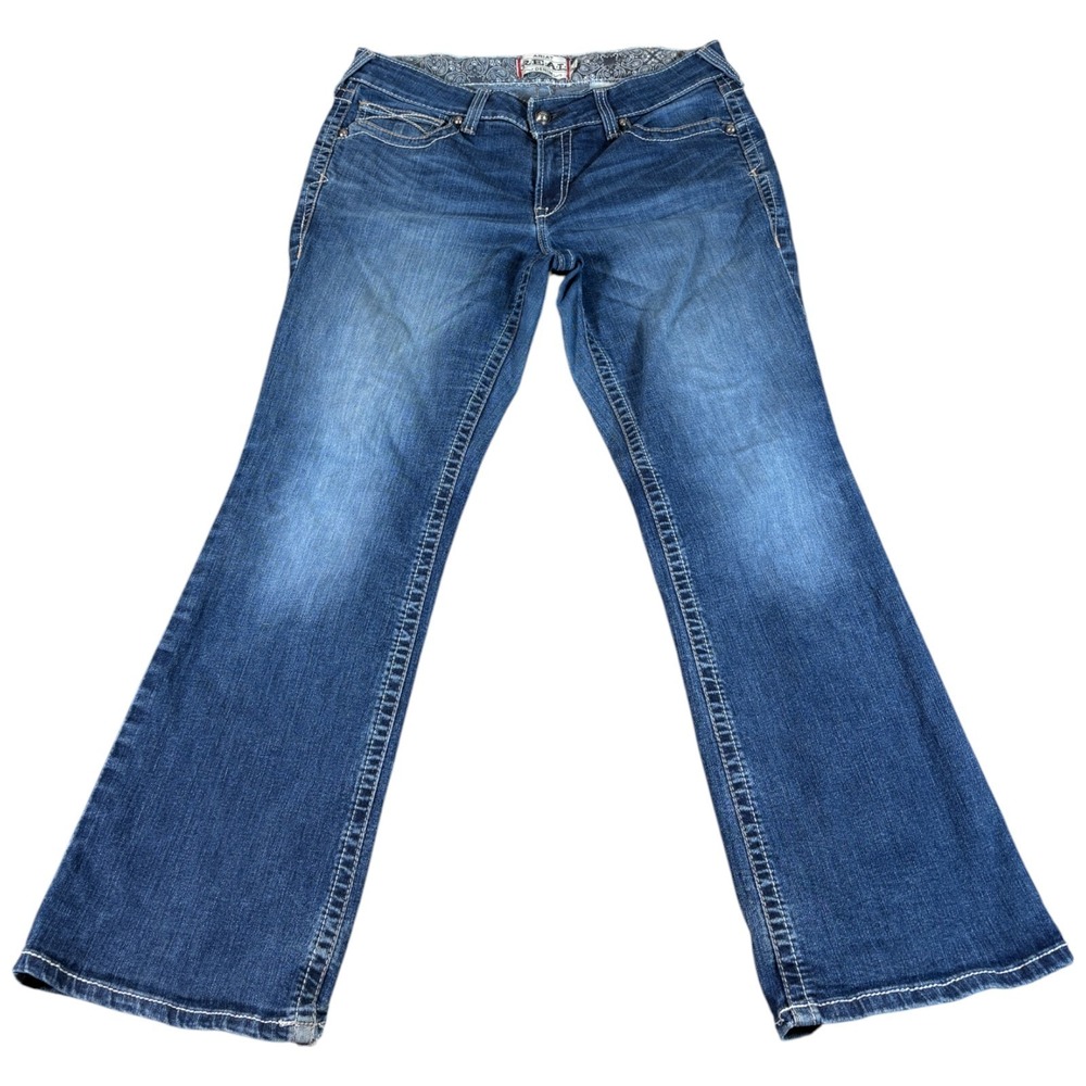 Ariat R.E.A.L‎ Bootcut Jeans Womens 33 Blue Logo Medium Wash Distressed Western